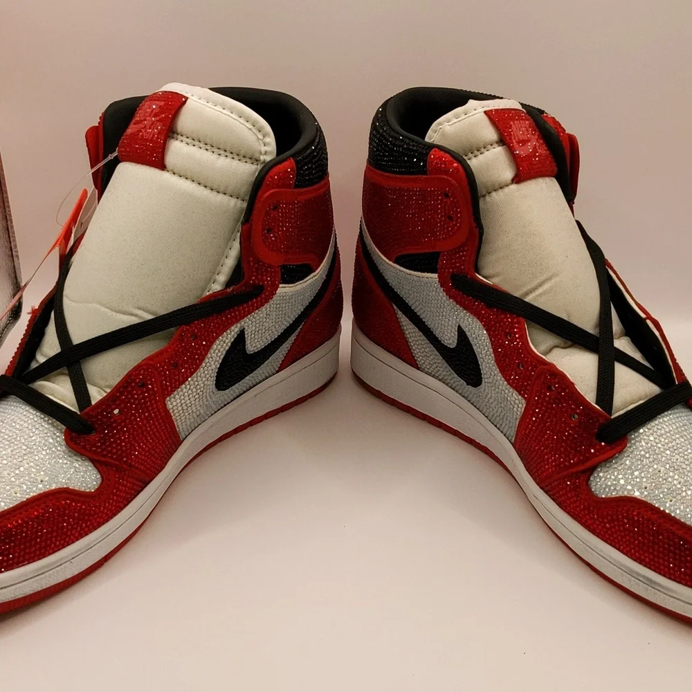 New Custom Crystal Iced Sneakers Red/White/Black Unbranded Bedazzled Sz 6 - Picture 5 of 16
